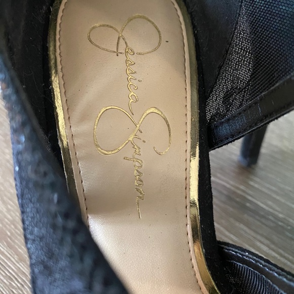 JESSICA SIMPSON BLACK LACE & SUEDE SPARKLY STILETTO ZIP-UP OPEN TOE BOOTY SHOES - Picture 3 of 4